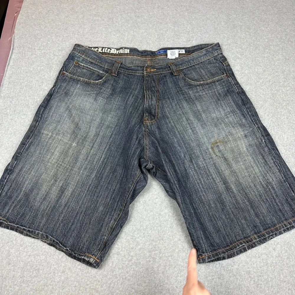 Azzure Mens Love Life Denim Shorts Dark Wash Embroidered‎ 40W Relaxed Fit Y2K
